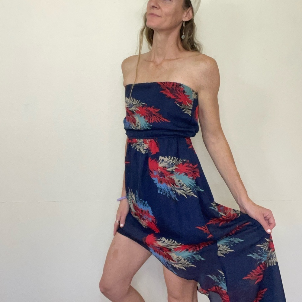 Wet Seal Strapless Dress in Navy and Red Feather